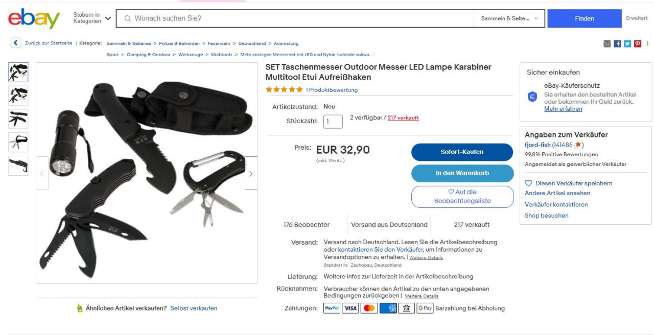 1 ebay Outdoor Messer Set mit LED Lampe Karabiner Multitool Etui