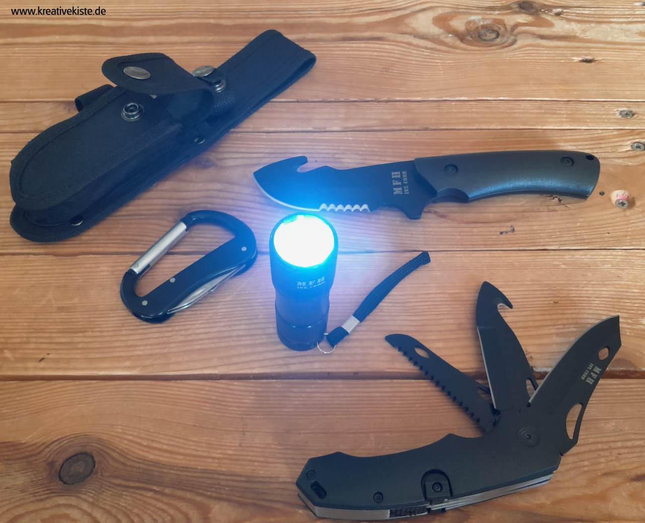 12 MFH MFH SET Messer Set mit LED Lampe Multitool Karabiner und Etui 45451A