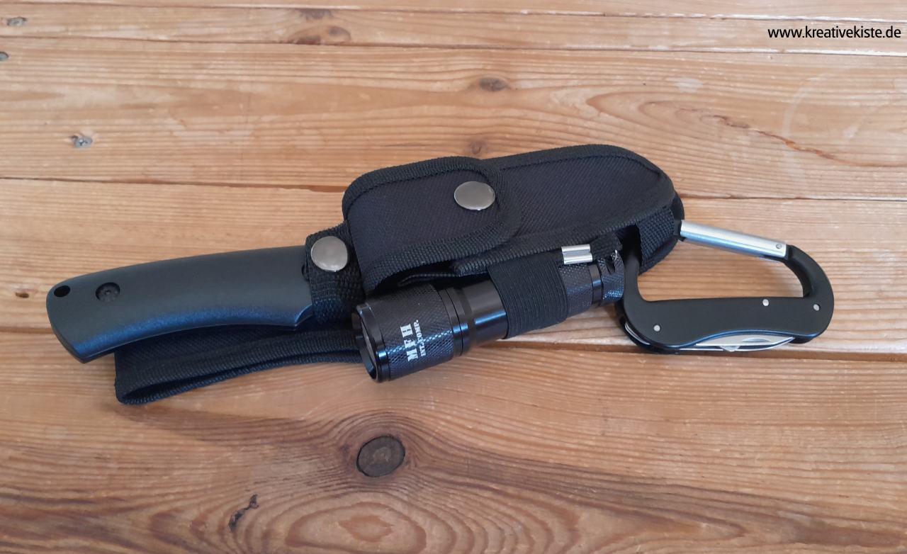 1 MFH MFH SET Messer Set mit LED Lampe Multitool Karabiner und Etui 45451A