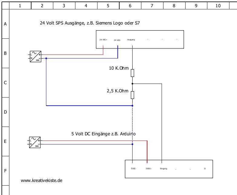 24 Volt DC SPS mit 5 Volt DC Microkontroller oder Steuerung durch Spannungsteiler verbinden